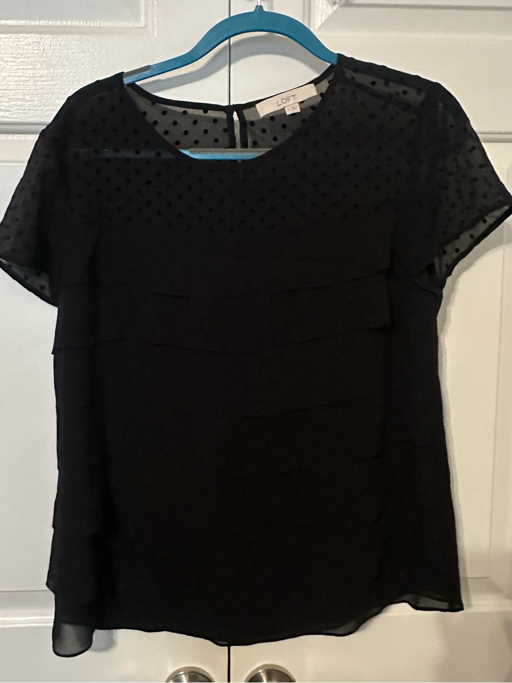 LOFT Black Sheer Dot Yoke Layered Short Sleeve Blouse